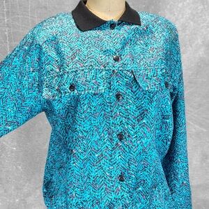 VINTAGE 80s funky neon bold shirt button down ribbed waistband knit collar teal